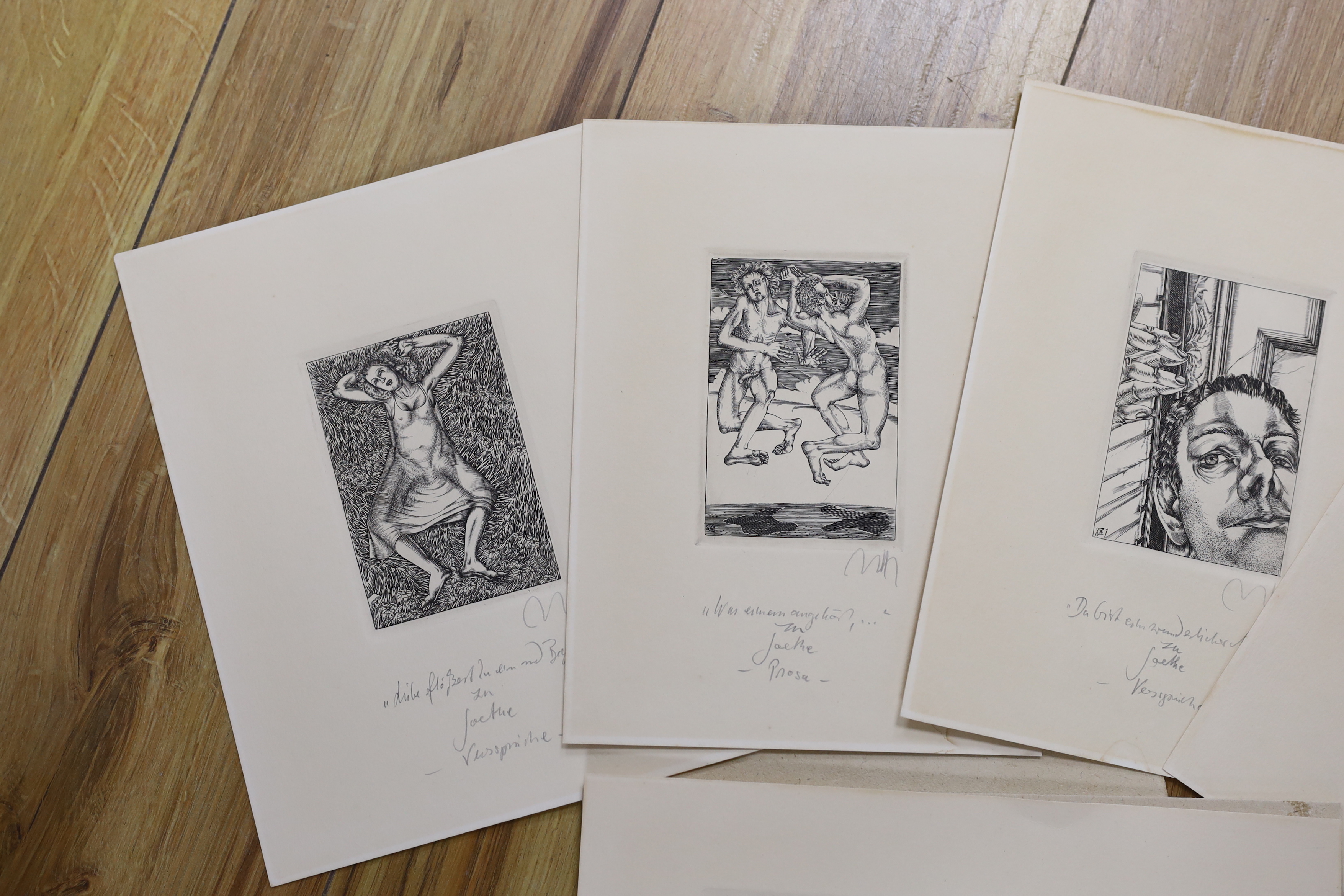 Baldwin Zettl (b.1943), five German Expressionist etchings, each signed and inscribed in pencil including ‘The Specialists’, largest 24 x 27.5cm, unframed